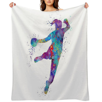 Handball Girl Colorful Watercolor Silhouette Throw Blanket