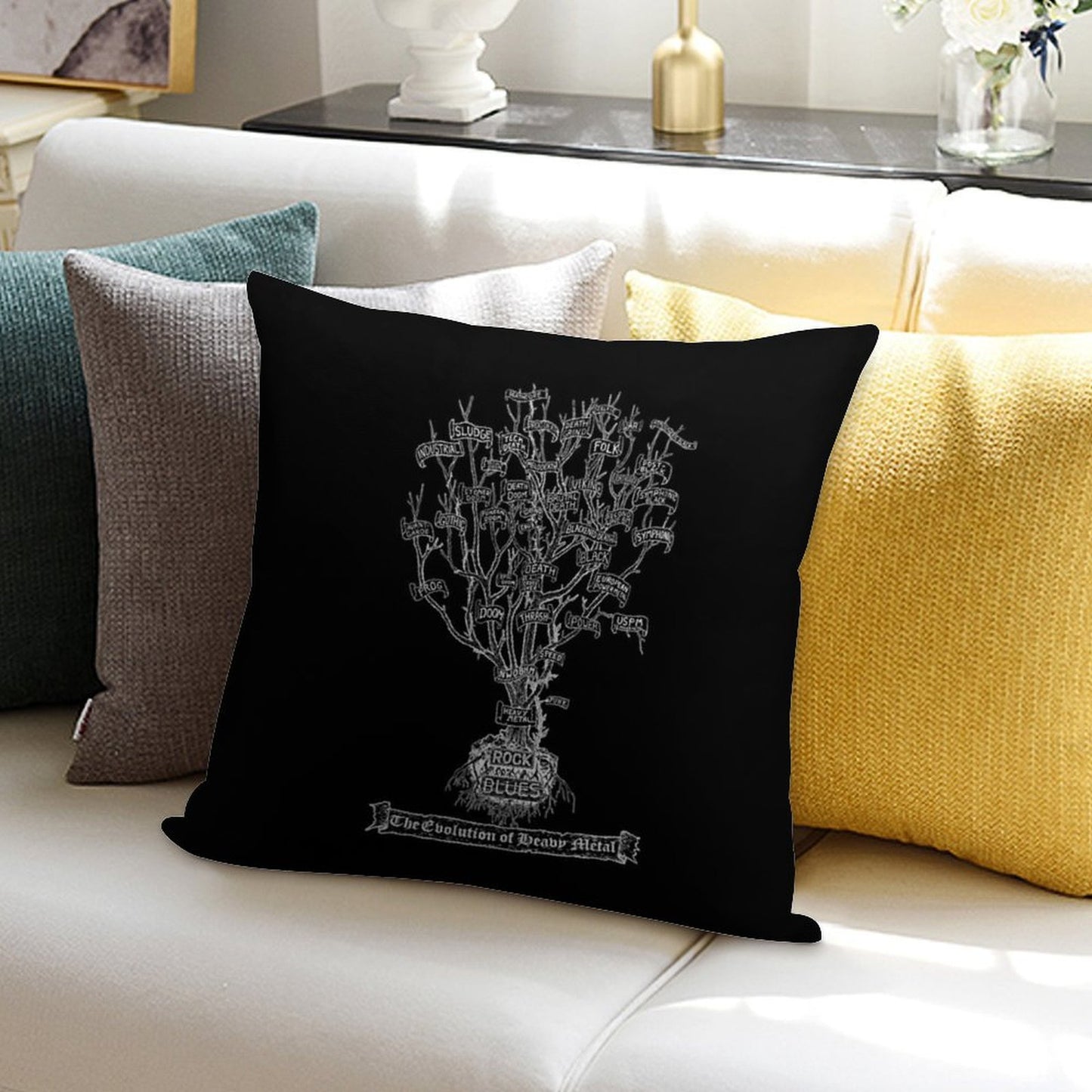 The Evolution of Heavy Metal - True Metal Shirt Version. Soft Shrink-Resistant Throw Pillow