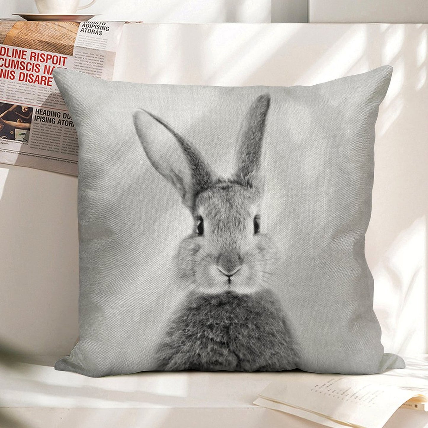 Rabbit - Black & White Linen Throw Pillow Cover