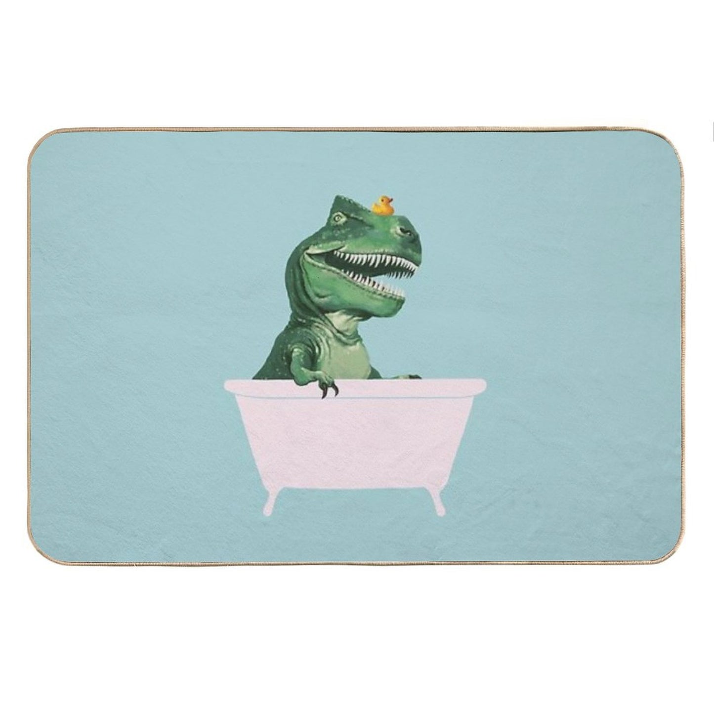 Playful T-Rex in Bathtub in Green Bath Mat