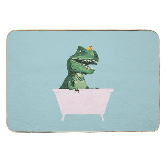 Playful T-Rex in Bathtub in Green Bath Mat