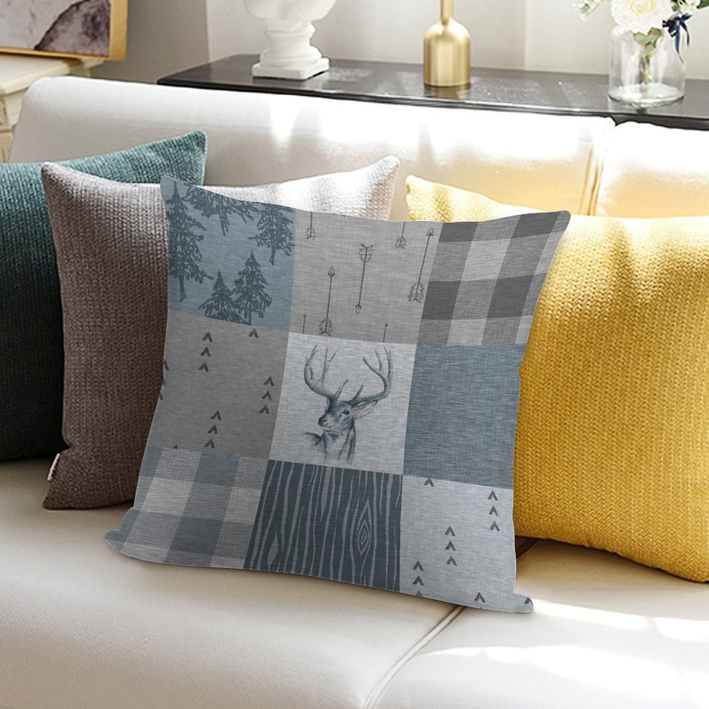 Deer Patchwork - Rustic Blue And Grey Soft Multiple Sizes Throw Pillow