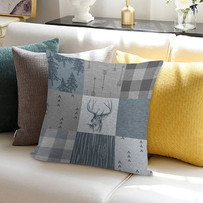 Deer Patchwork - Rustic Blue And Grey Soft Multiple Sizes Throw Pillow