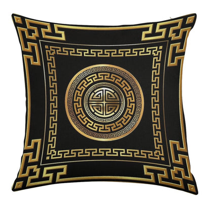 Greek Key Meander Black Gold Large Linen Throw Pillow Cover