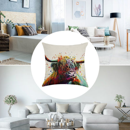 Highland Cow Watercolor Art Work Linen Throw Pillow Cover