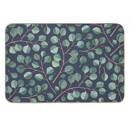 Simple Silver Dollar Eucalyptus Leaves on Navy Blue Bath Mat