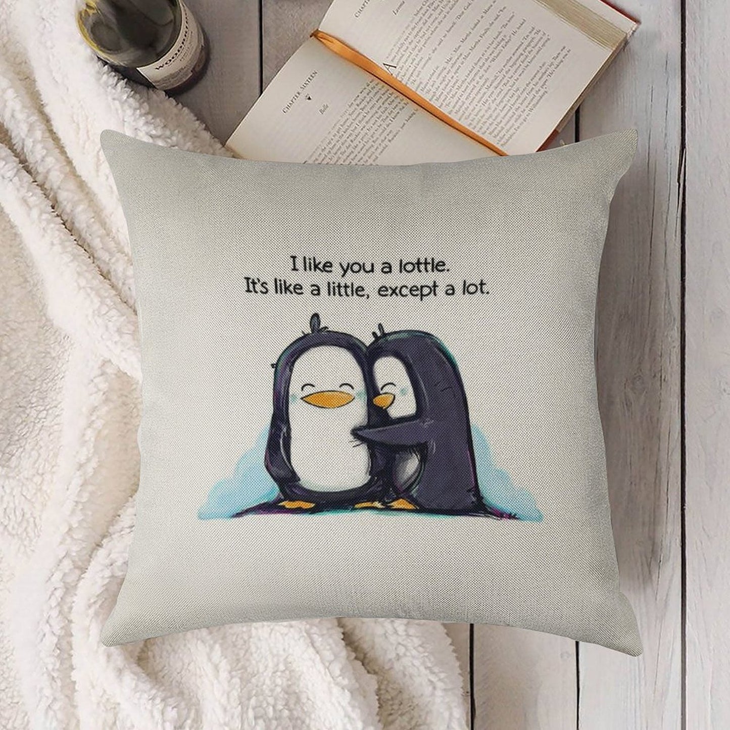 I Like You A Lottle Penguins Linen Throw Pillow Cover