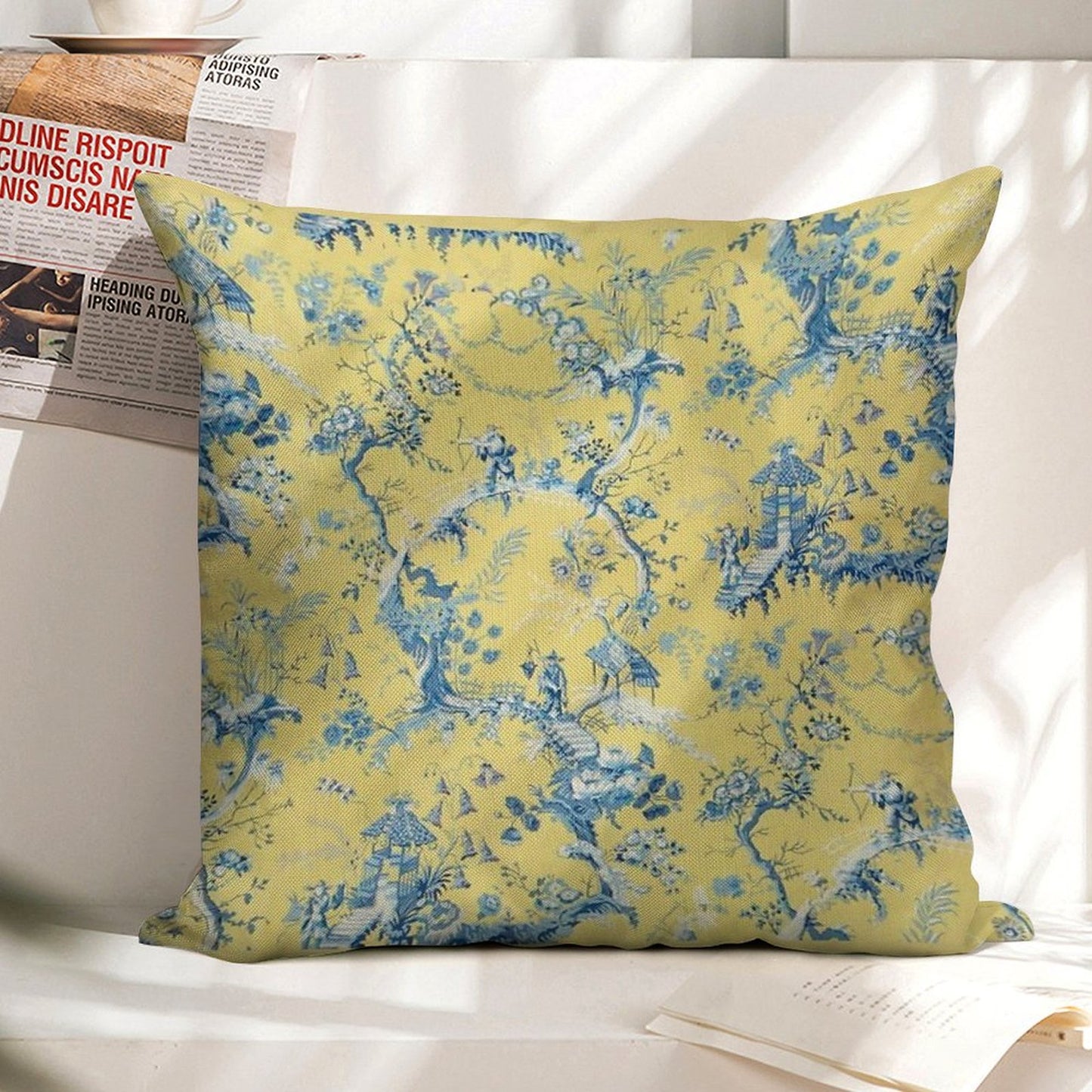 Blue And Yellow Toile Linen Throw Pillow Cover