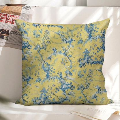 Blue And Yellow Toile Linen Throw Pillow Cover