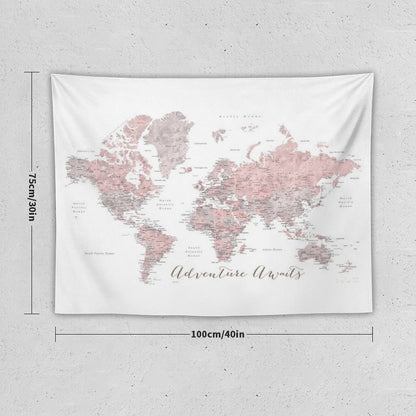 World Map Adventure Awaits in Dusty Pink And Grey Tapestry