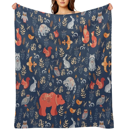 Fairy-tale Forest. Fox, Bear, Raccoon, Owls, Rabbits, Flowers And Herbs on A Blue Background. Throw Blanket