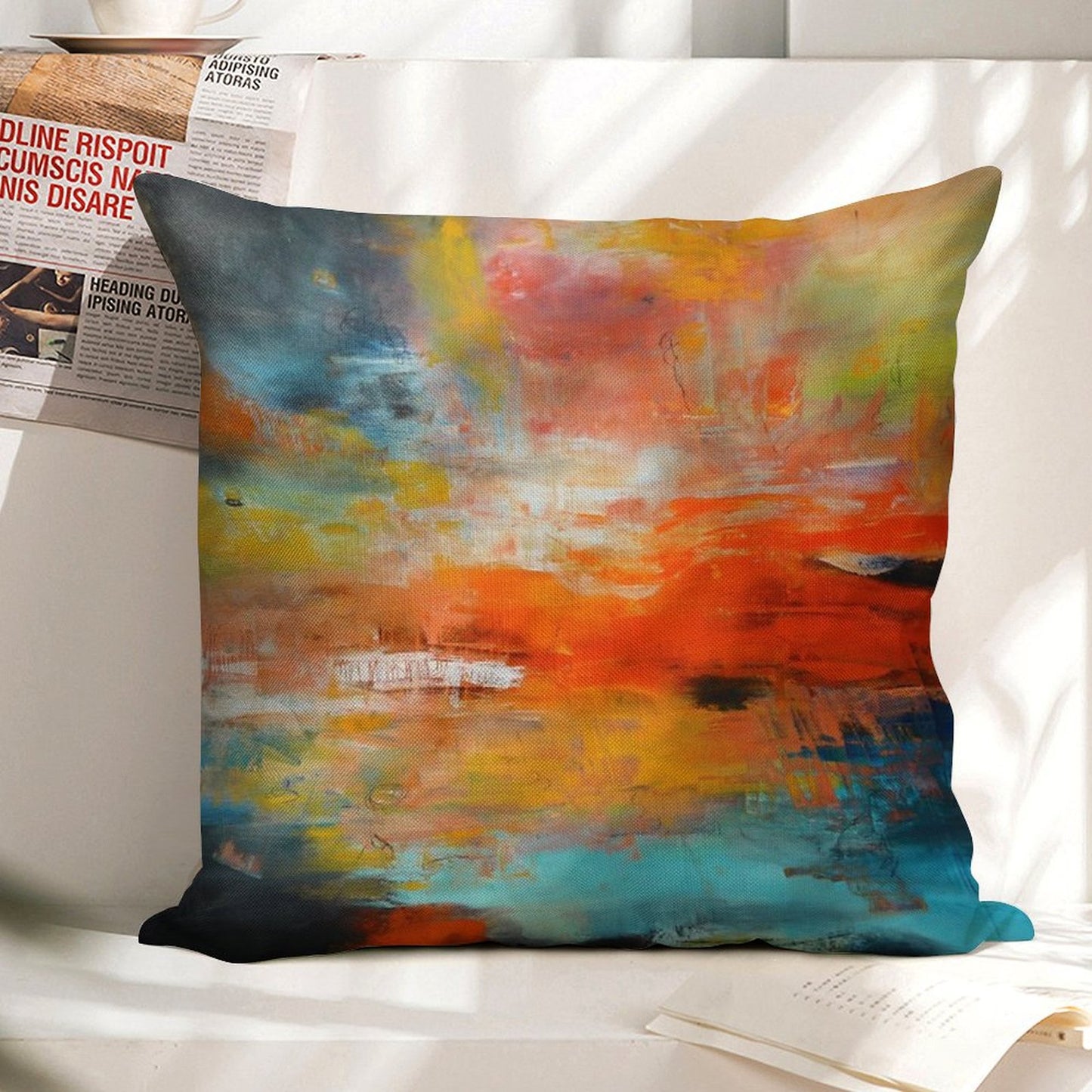 Red Abstract Sunset Landscape Painting Linen Throw Pillow Cover
