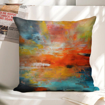 Red Abstract Sunset Landscape Painting Linen Throw Pillow Cover