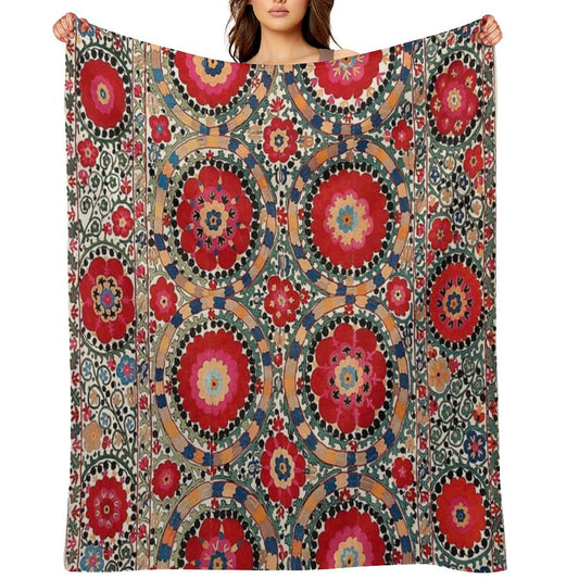 Karabag Suzani Uzbekistan Embroidery Print Throw Blanket