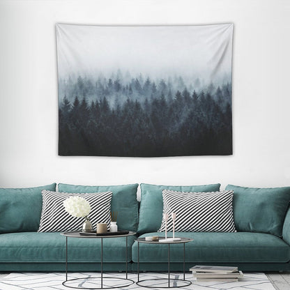 High And Low  Dark Romantasy Moody Wilderness Dream Forest With Cascadia Trees Covered In Fog Tapestry