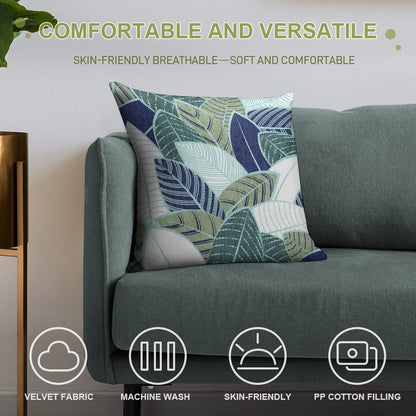 Leaf Wall  Navy Blue Pine And Sage Green Leaves Mint Lines Soft Gift Ready Throw Pillow