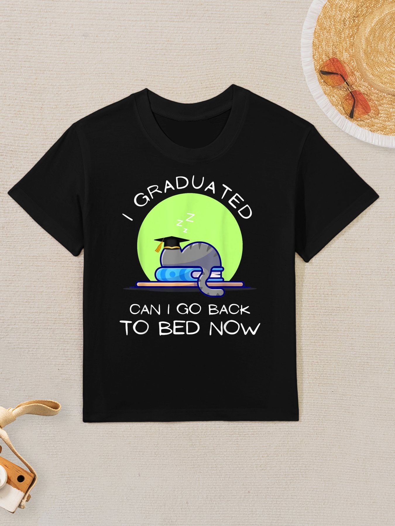 I Graduated Can I Go Back To Bed Now Funny Cat Graduation Kids T-Shirt