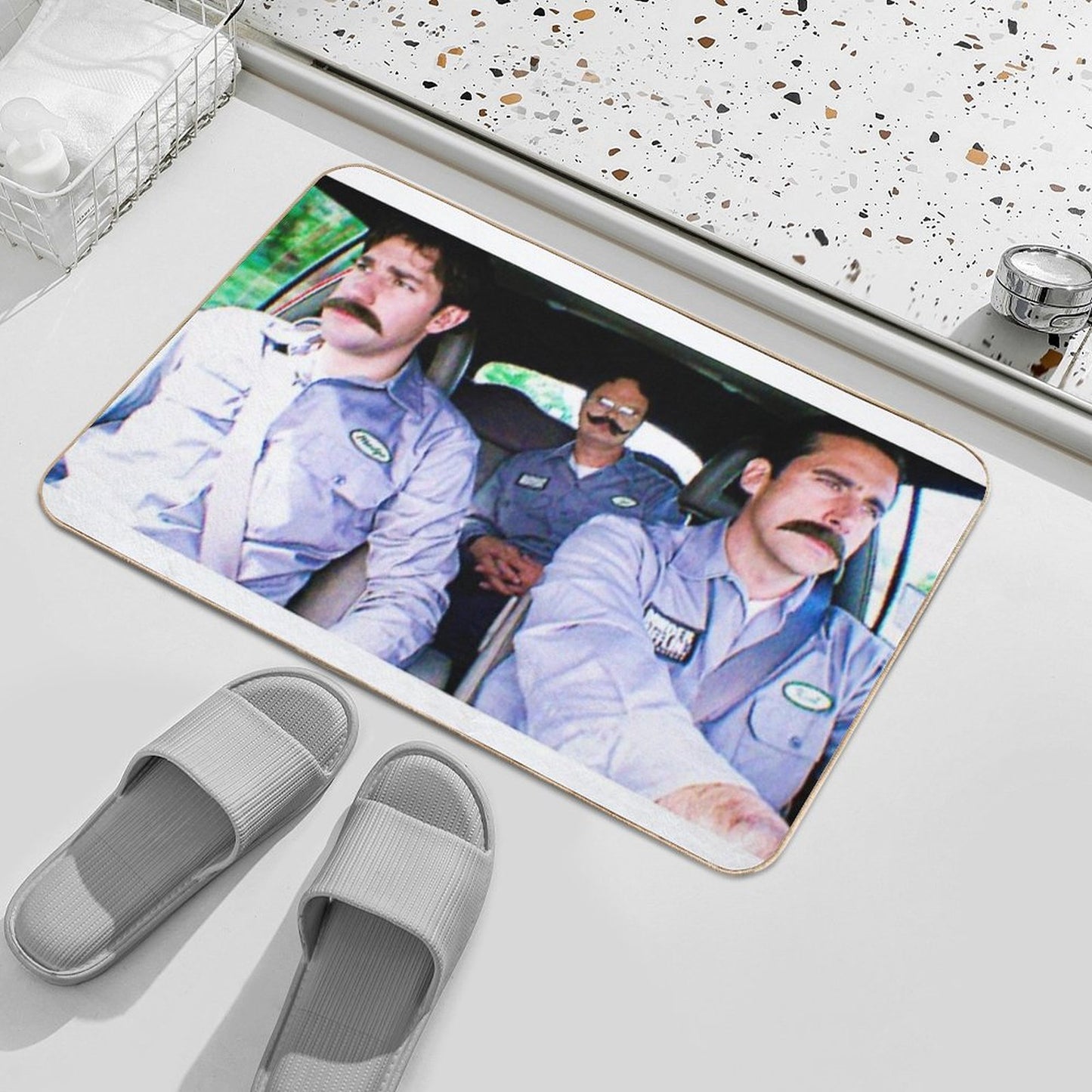 Jim, Dwight And Michael As Warehouse Workers Bath Mat