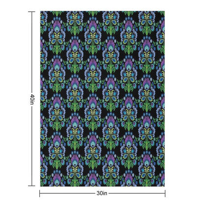 Polish Folk Flowers Purple on Black Throw Blanket