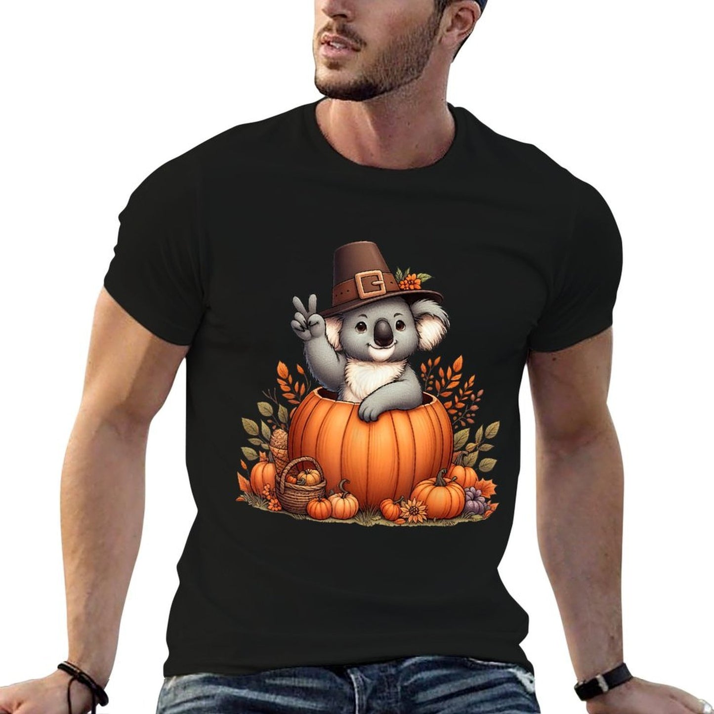Autumn Pumpkin Fall Koala Thanksgiving Womens Mens Kids  Fade-proof Color T-Shirt