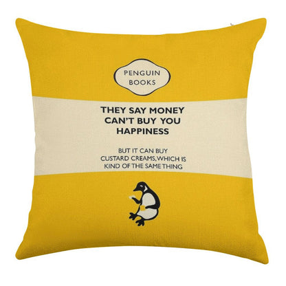 Custard Creams - Parody Penguin Book Cover Linen Throw Pillow Cover