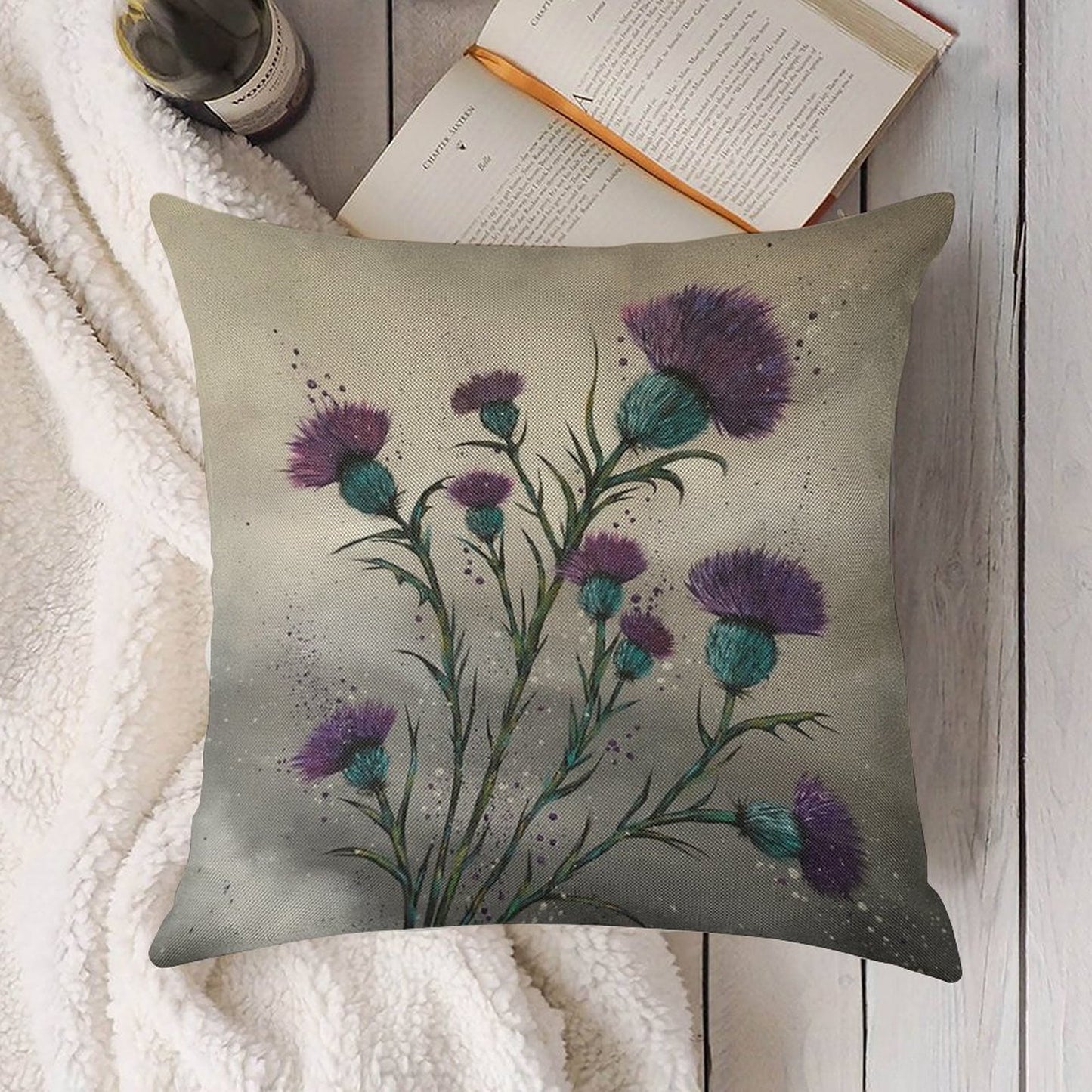Scottish Traditional Purple Thistle Linen Throw Pillow Cover