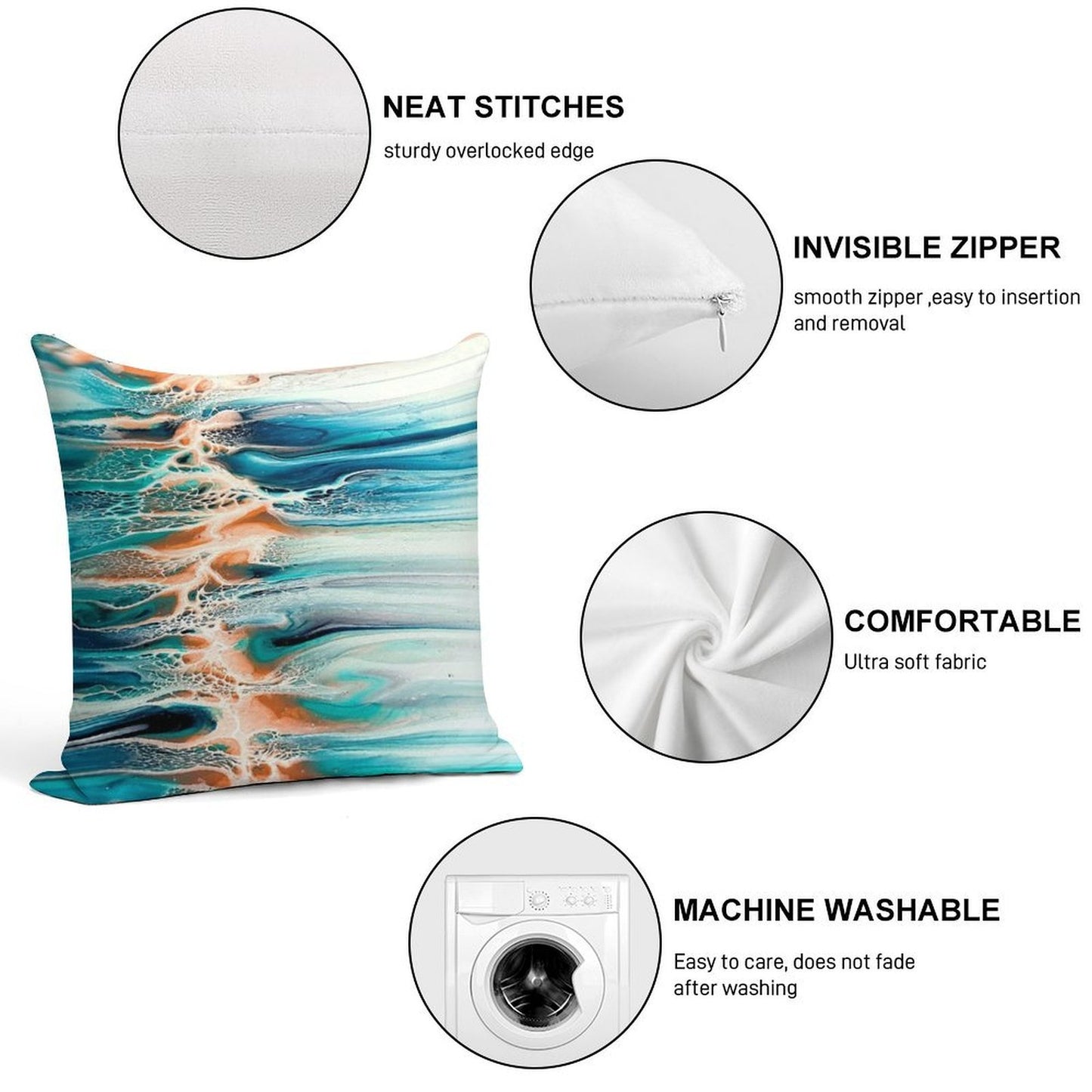 Coral, Blue, Teal, And Grey Ocean Inspired Abstract Fluid Art Soft Ultra-Soft Texture Throw Pillow