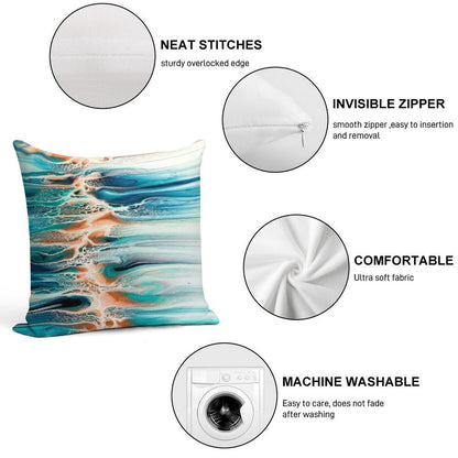 Coral, Blue, Teal, And Grey Ocean Inspired Abstract Fluid Art Soft Ultra-Soft Texture Throw Pillow