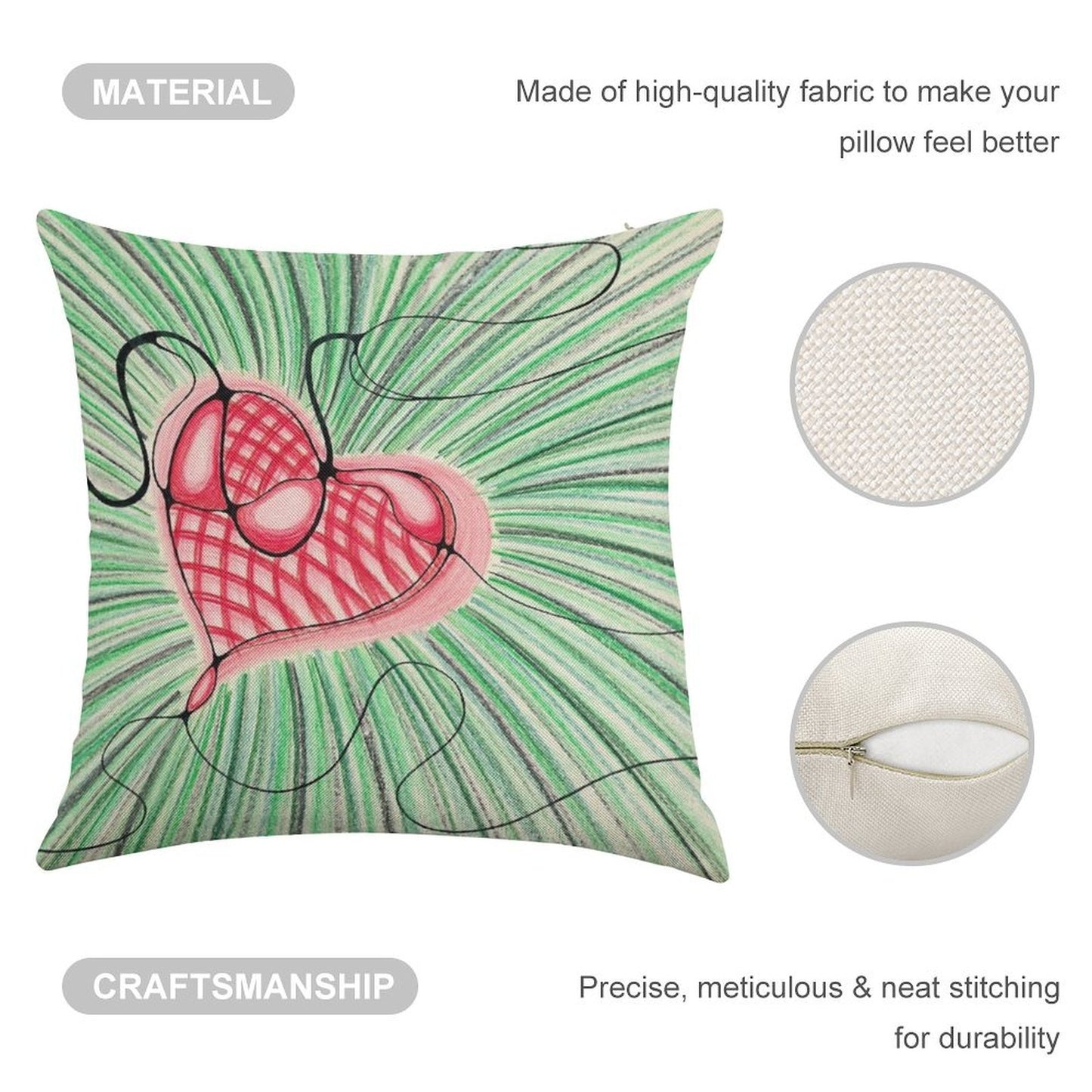 Heart Design with Green Background Linen Throw Pillow Cover