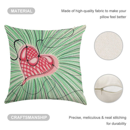 Heart Design with Green Background Linen Throw Pillow Cover