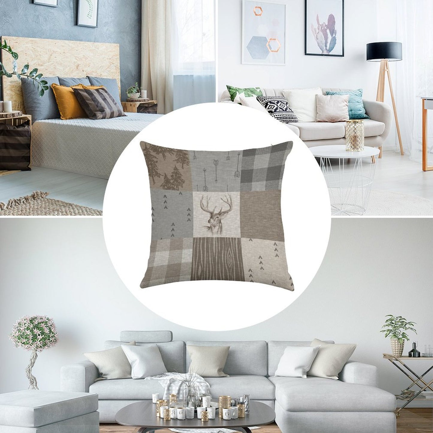 Deer Patchwork - Rustic Neutrals Linen Throw Pillow Cover