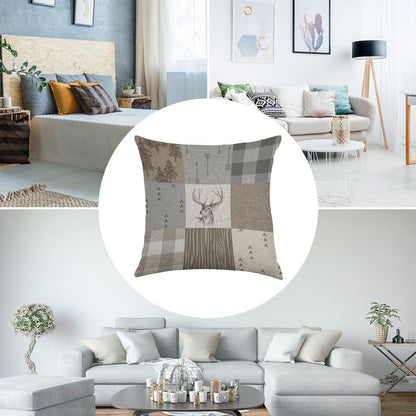 Deer Patchwork - Rustic Neutrals Linen Throw Pillow Cover