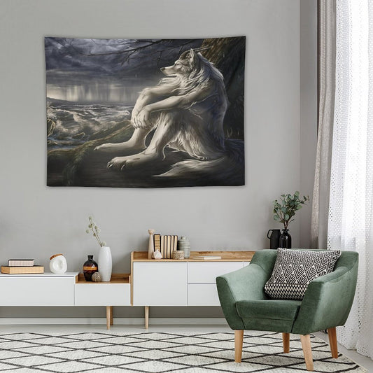 Emo White Wolf Sitting Sad Meme Tapestry