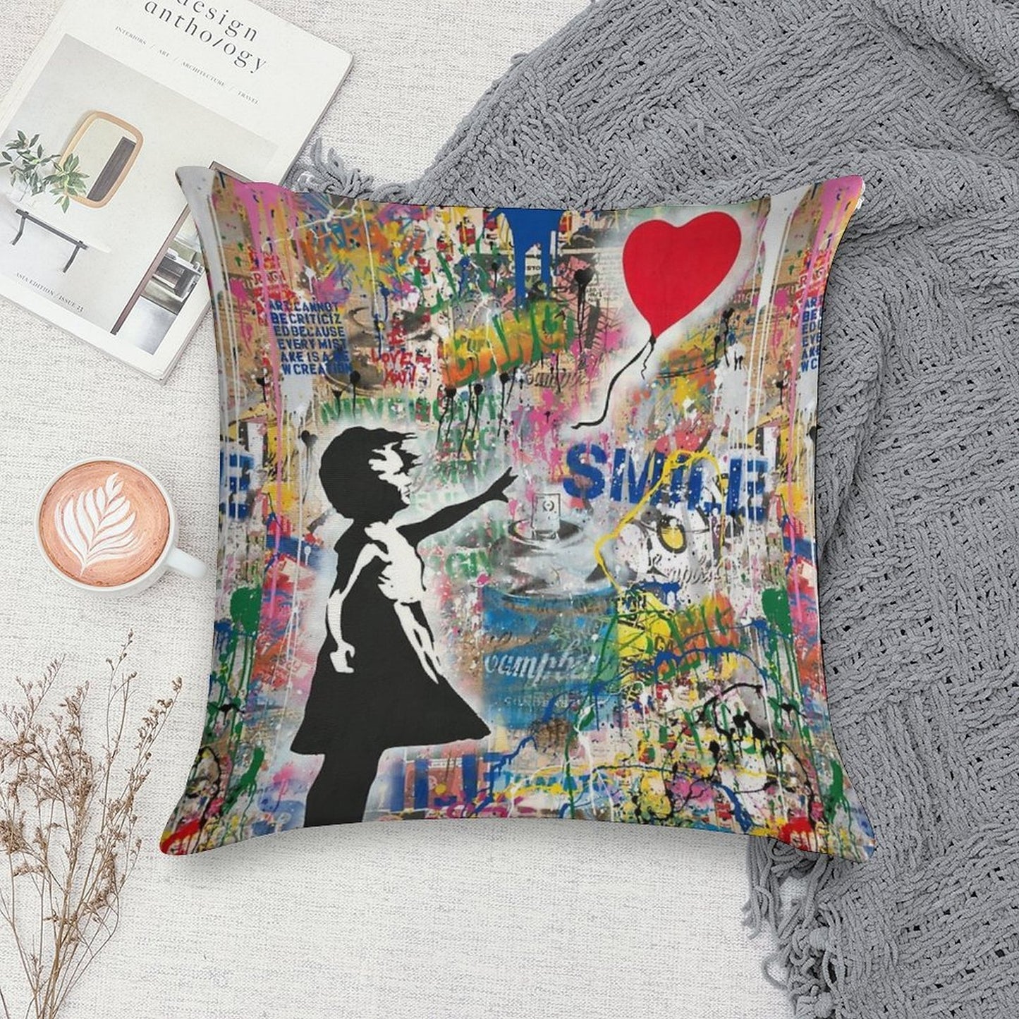 Balloon Girl Street Art Mashup Soft Anti-Pilling Throw Pillow