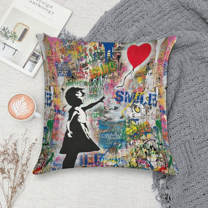 Balloon Girl Street Art Mashup Soft Anti-Pilling Throw Pillow
