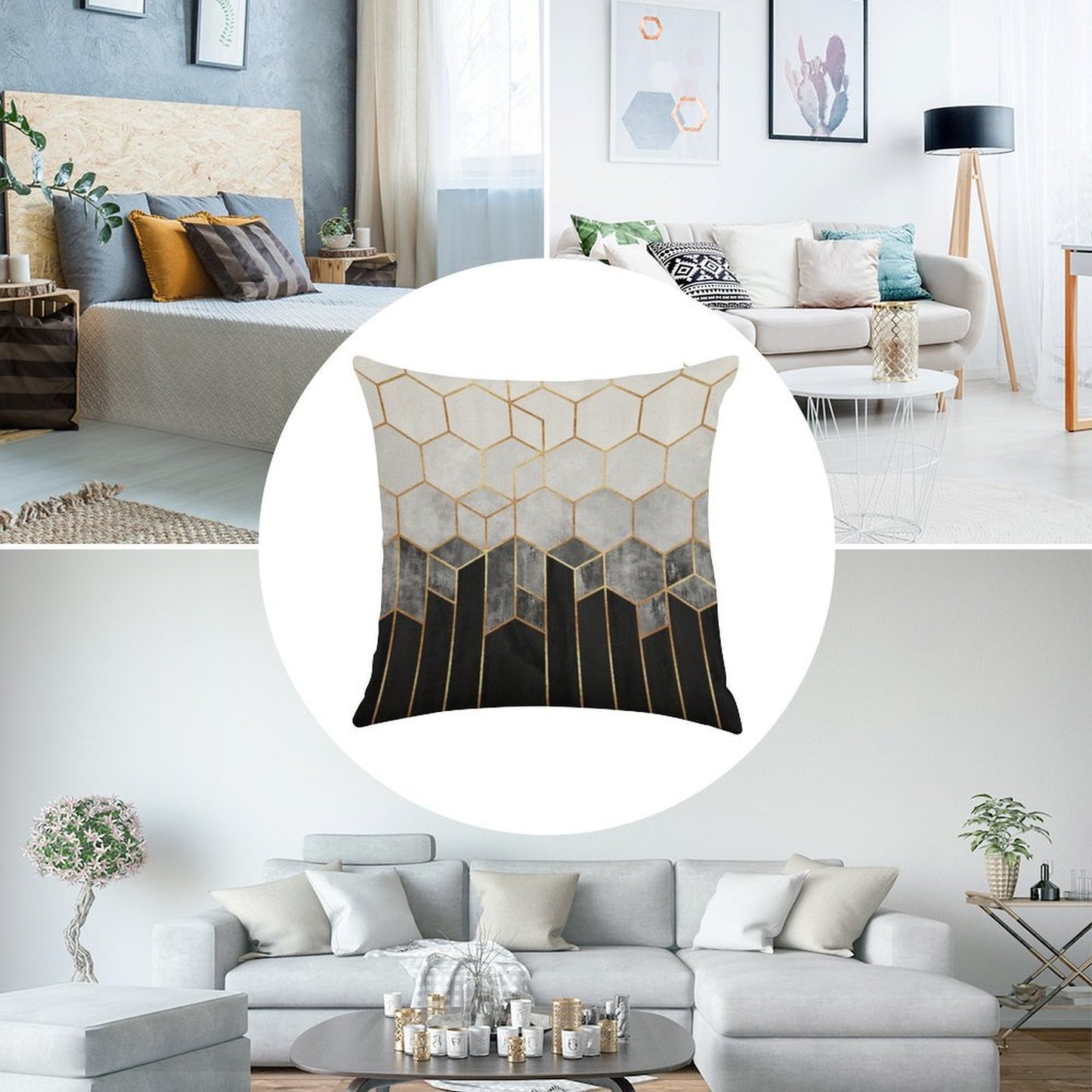 Charcoal Hexagons Linen Throw Pillow Cover