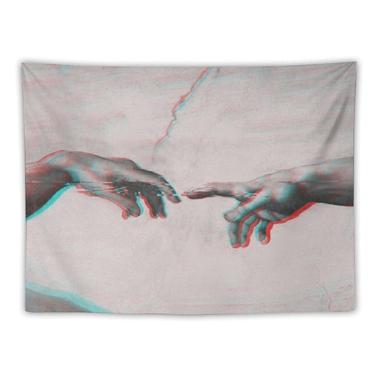 The Creation of Adam in GLITCH - Wall Tapestries Sistine Chapel Near-touching Hands of God And Adam Red Colorized Tapestry