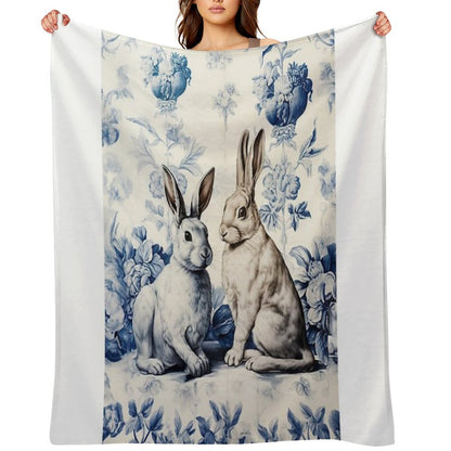 Toile De Jouy Blue Two Rabbits  Delft Blue  Floral And Animal Throw Blanket