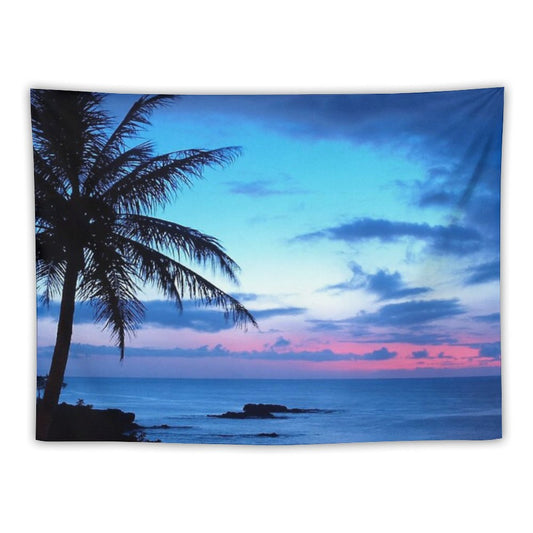 Tropical Island Pretty Pink Blue Sunset Landscape Tapestry