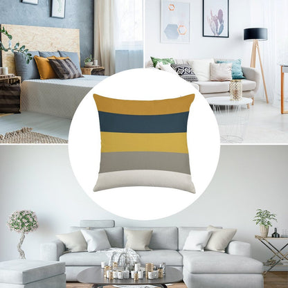 Broad Stripes Pattern in Light And Dark Mustard Yellow, Grey, White, And Navy Blue Linen Throw Pillow Cover