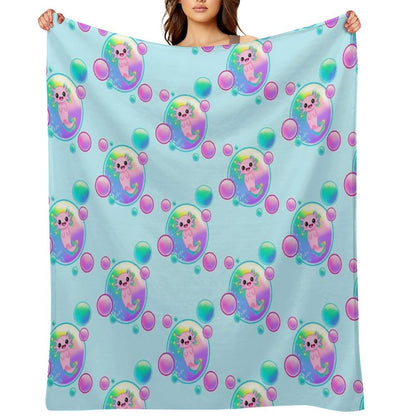 Kawaii Axolotl with Bubbles Throw Blanket