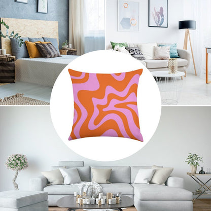 Retro Liquid Swirl Abstract Pattern Square in Hot Pink And Red-Orange Linen Throw Pillow Cover