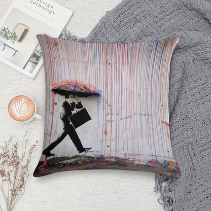 Banksy Umbrella Rainbow Happy Girl Soft Luxury Feel Throw Pillow