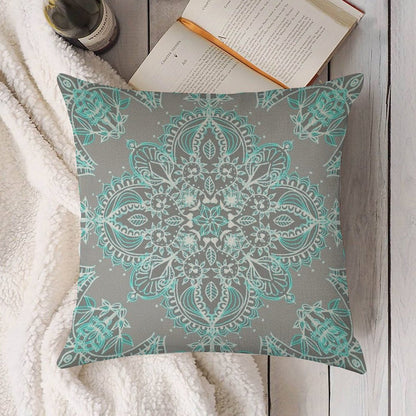 Teal And Aqua Lace Mandala on Grey Linen Throw Pillow Cover