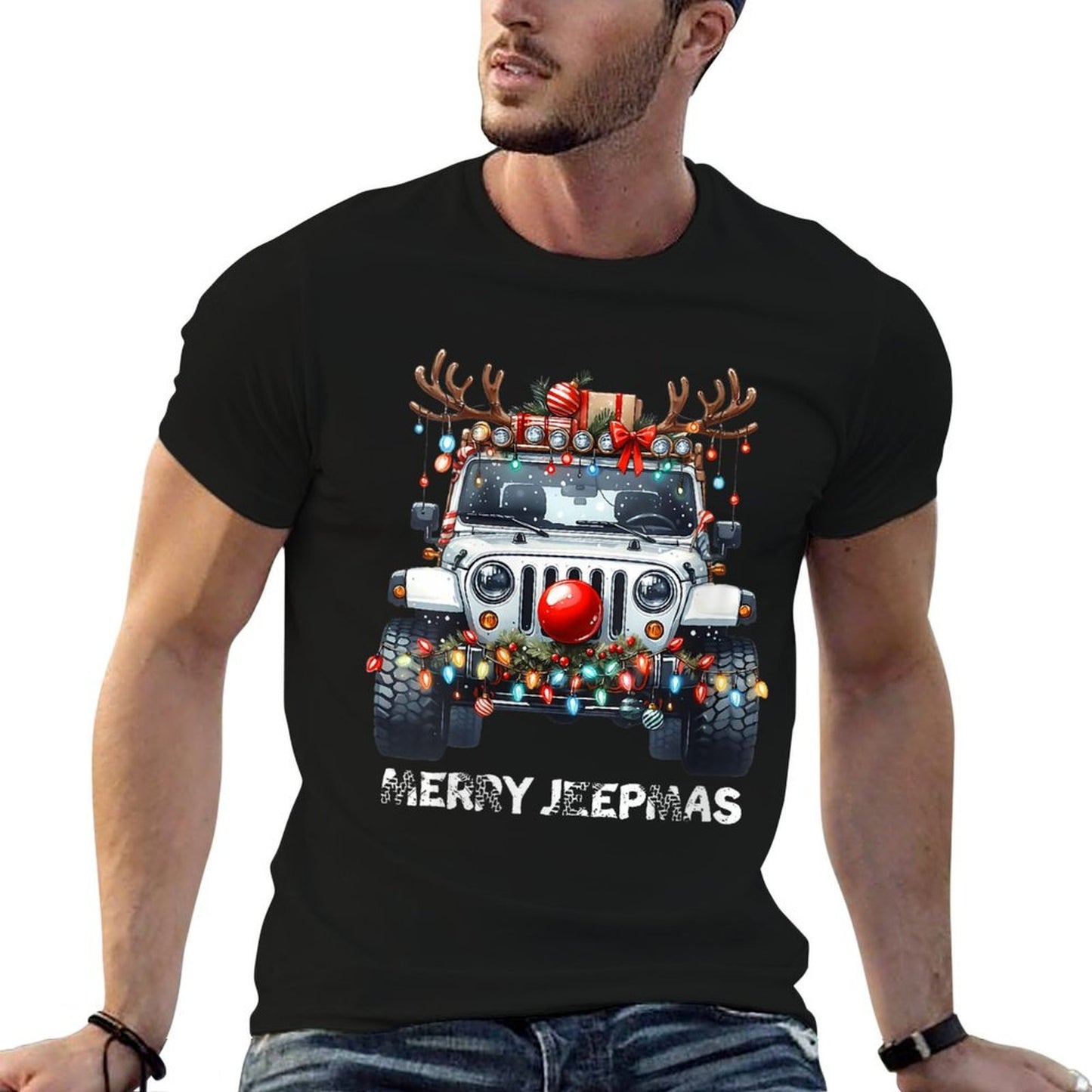 Womens Merry Jeepmas Ugly Light Reindeer Christmas  Lightweight T-Shirt