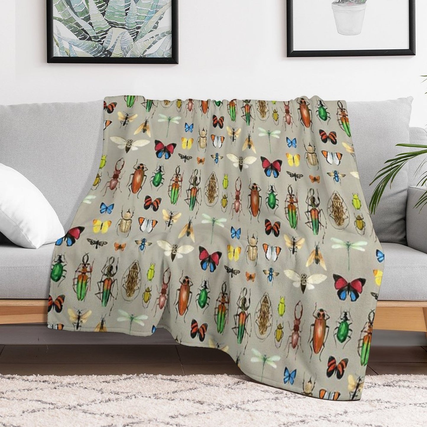 The Usual Suspects - Insects on Grey - Watercolour Bugs Pattern by Cecca Designs Throw Blanket