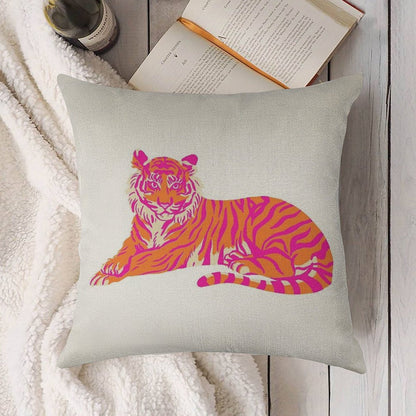 Pink And Orange Tiger Linen Throw Pillow Cover