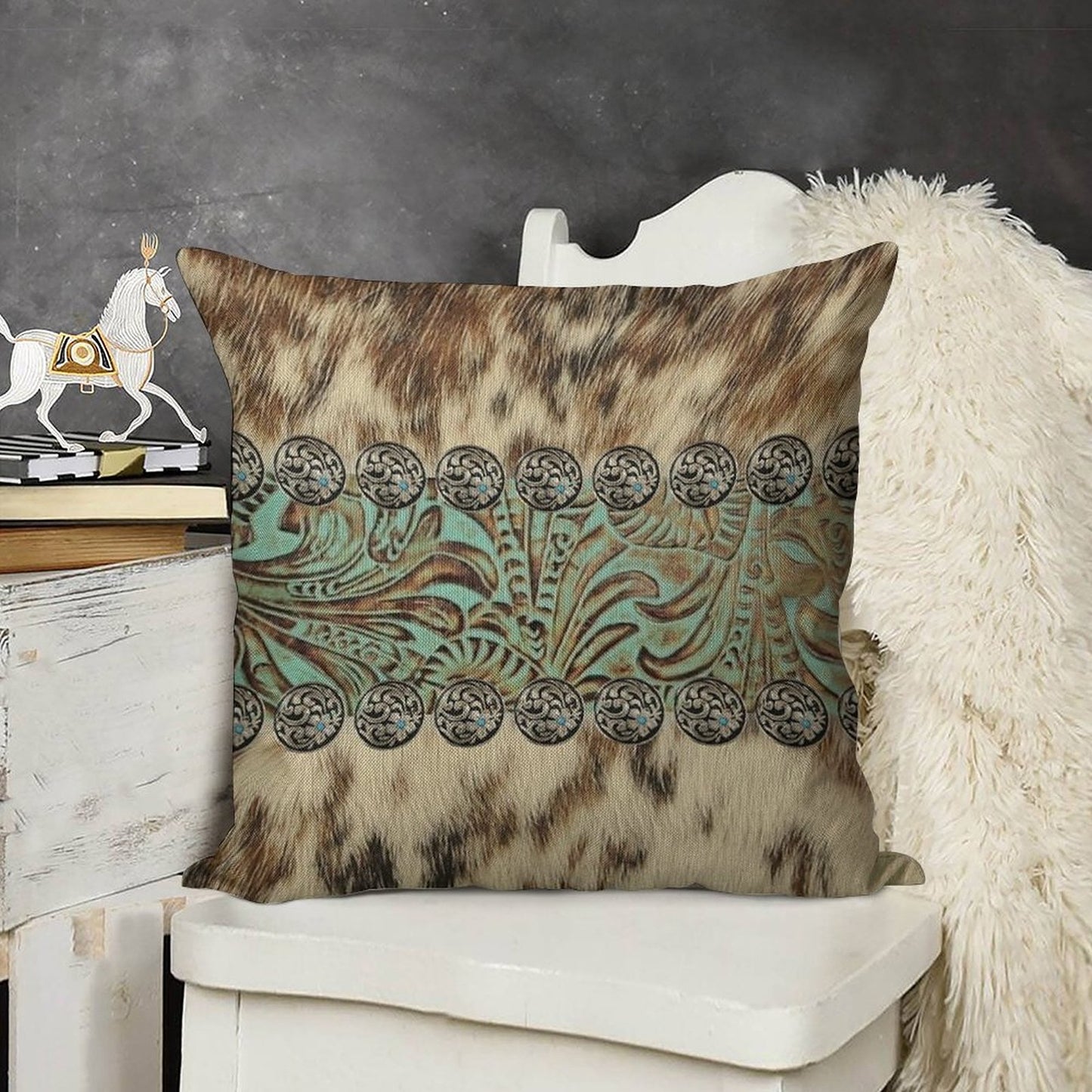 Rustic Brown Beige Teal Western Country Cowboy Fashion Linen Throw Pillow Cover