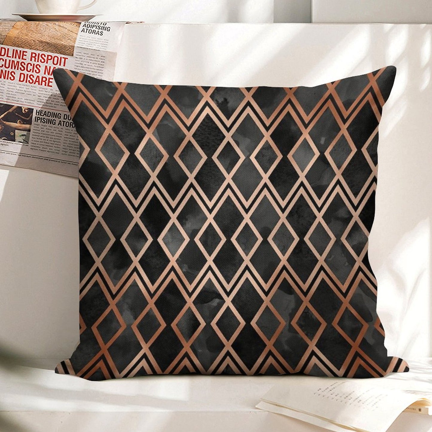 Copper And Black Geo Diamonds Linen Throw Pillow Cover