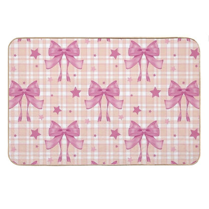 Pink Plaid, Bows And Stars Bath Mat